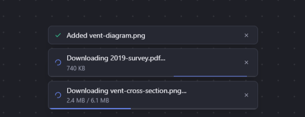 Three notifications stacked at the bottom of the app: one completed, two showing download progress with byte counts.